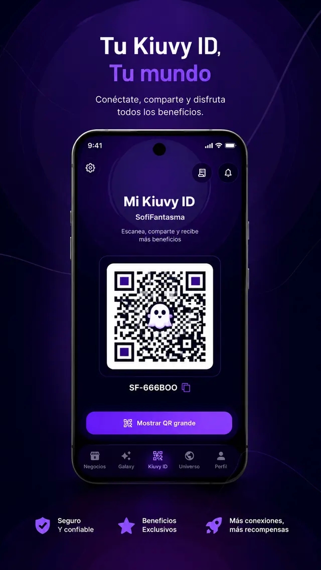 Kiuvy Universe app: the Kiuvy ID screen with a personal QR code