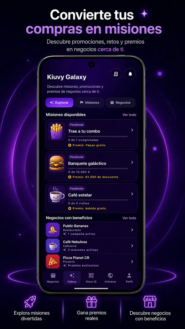 Kiuvy Universe app: missions and rewards from businesses
